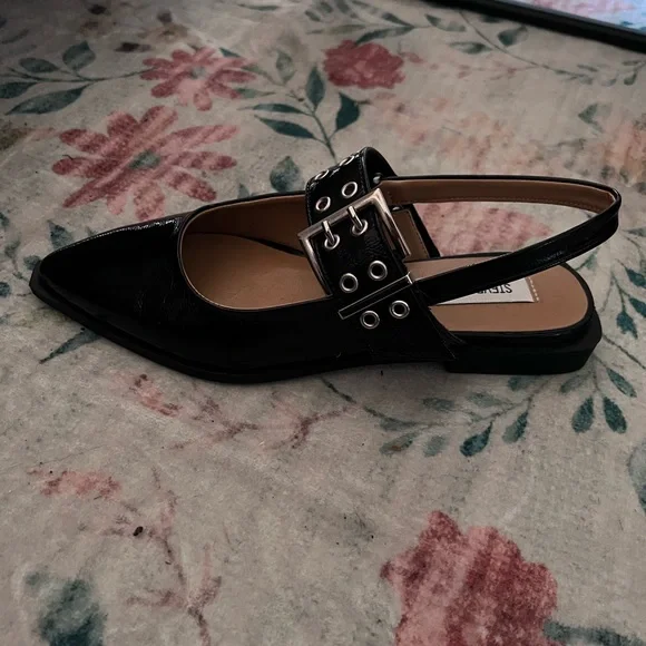 Steve Madden Black Patent Loafers with Silver Buckle - Picture 3 of 4